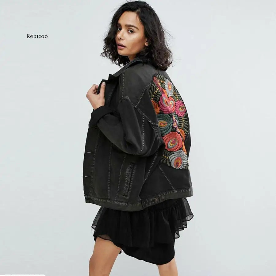 Oversized Embroidered Denim Jacket Black Casual Chic Winter Jacket Women Bohemian Warm Jacket Coat 2021 New