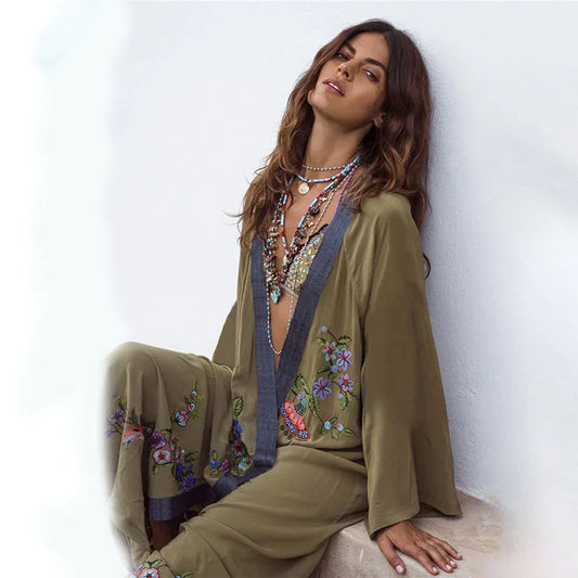 Vestidos Boho Hippie Chic Vintage Floral Embroidery Cardigan Beach Trip 2019 Kimono Pareo Long Sleeve Cape Cover Maxi Dress