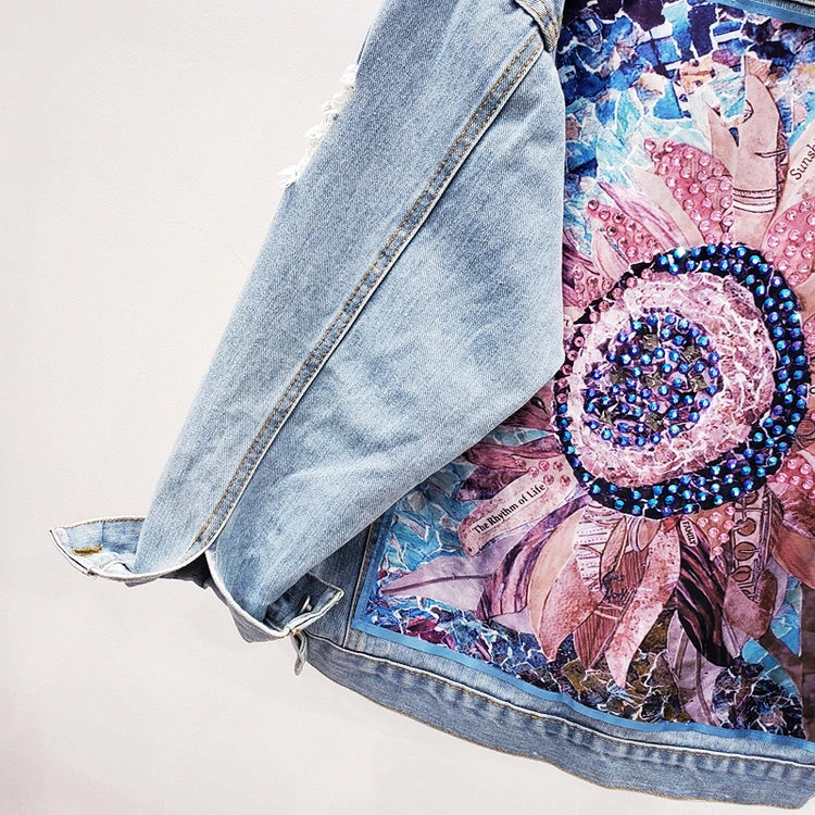 Printing Floral Appliques Rhinestone Womens Denim Jackets Feminine Spring Autumn Boho Sequin Coats Long Sleeve Outerwear Female