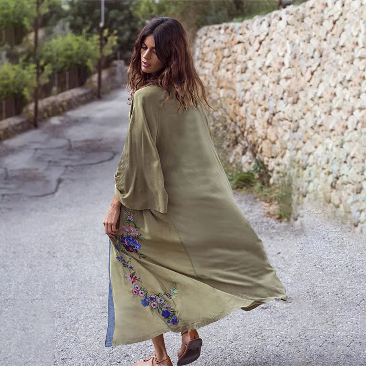 Vestidos Boho Hippie Chic Vintage Floral Embroidery Cardigan Beach Trip 2019 Kimono Pareo Long Sleeve Cape Cover Maxi Dress