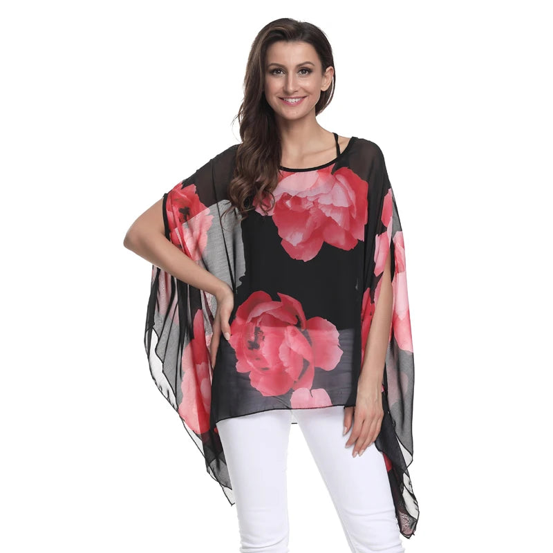 BHflutter Blusas Mujer 2018 Women Tops Floral Printing Casual Loose Chiffon Blouse Shirt Batwing Boho Style Beach Summer Blouses