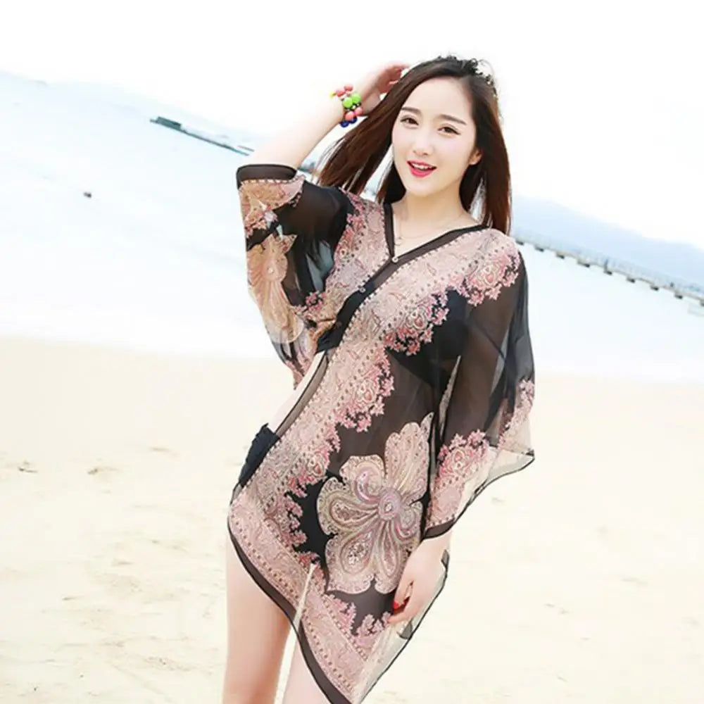 Women Summer Beach Bikini Cover Up Loose Chiffon Blouse Shawl Scarf with Buttons Fashion Ponchos Jackets Ladies Clothing