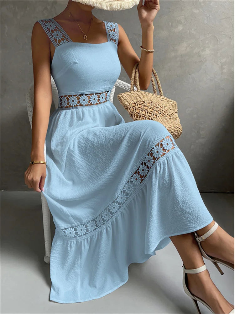 Summer Dress for Women Boho White Dress Female Sexy Hollow Out Sleeveless Midi Dress Lady Off Shoulder Elegant Beach Long Dress