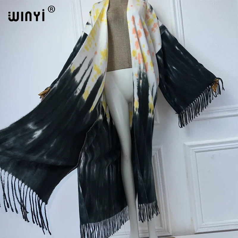 WINYI Tie-dyed winter tassel cardigan Africa women maxi jacket Warm kimono long down coat Middle East fashion abaya dubai luxury