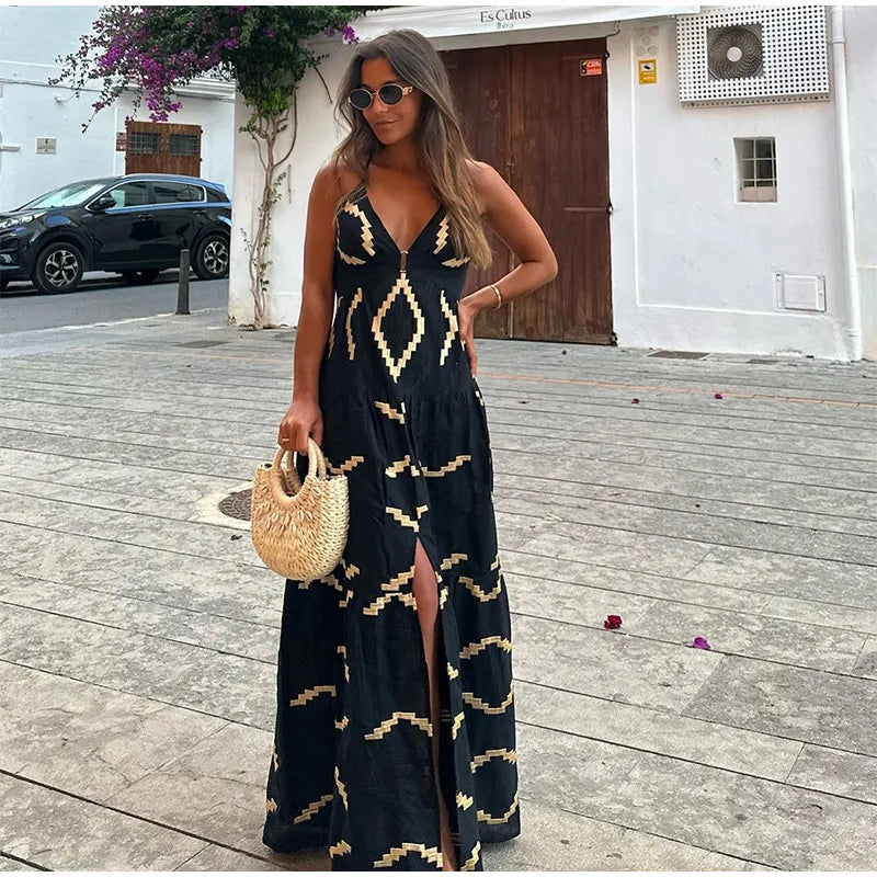 Casual Boho Print Loose Maxi Dress Women Chic V-neck Puff Half Sleeve Single-breasted Dresses Summer Lady Ethnic Style Robes