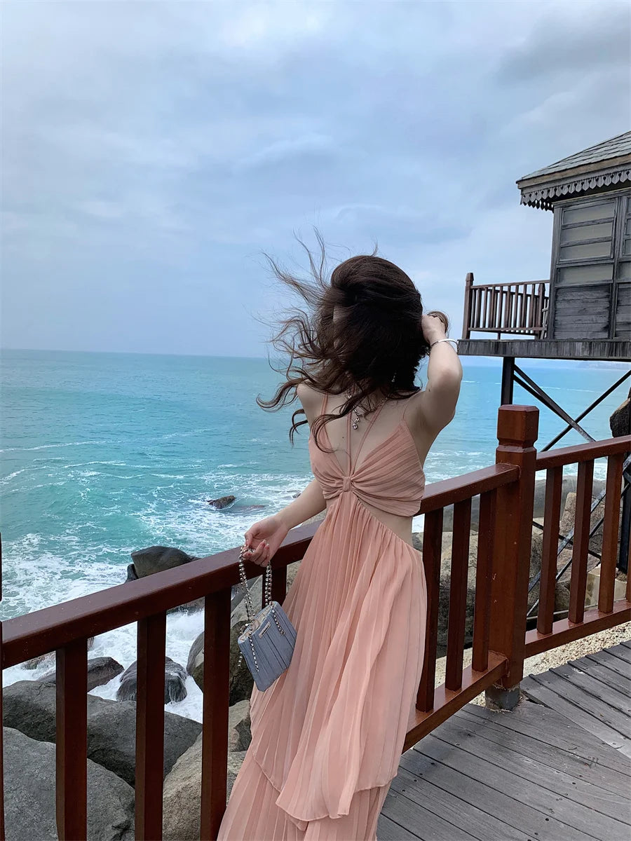 Summer New Fashion Women Sexy Pleated  Boho Long Dress Vacation Beach Strap A line Ladies Robe 2023 Sundress