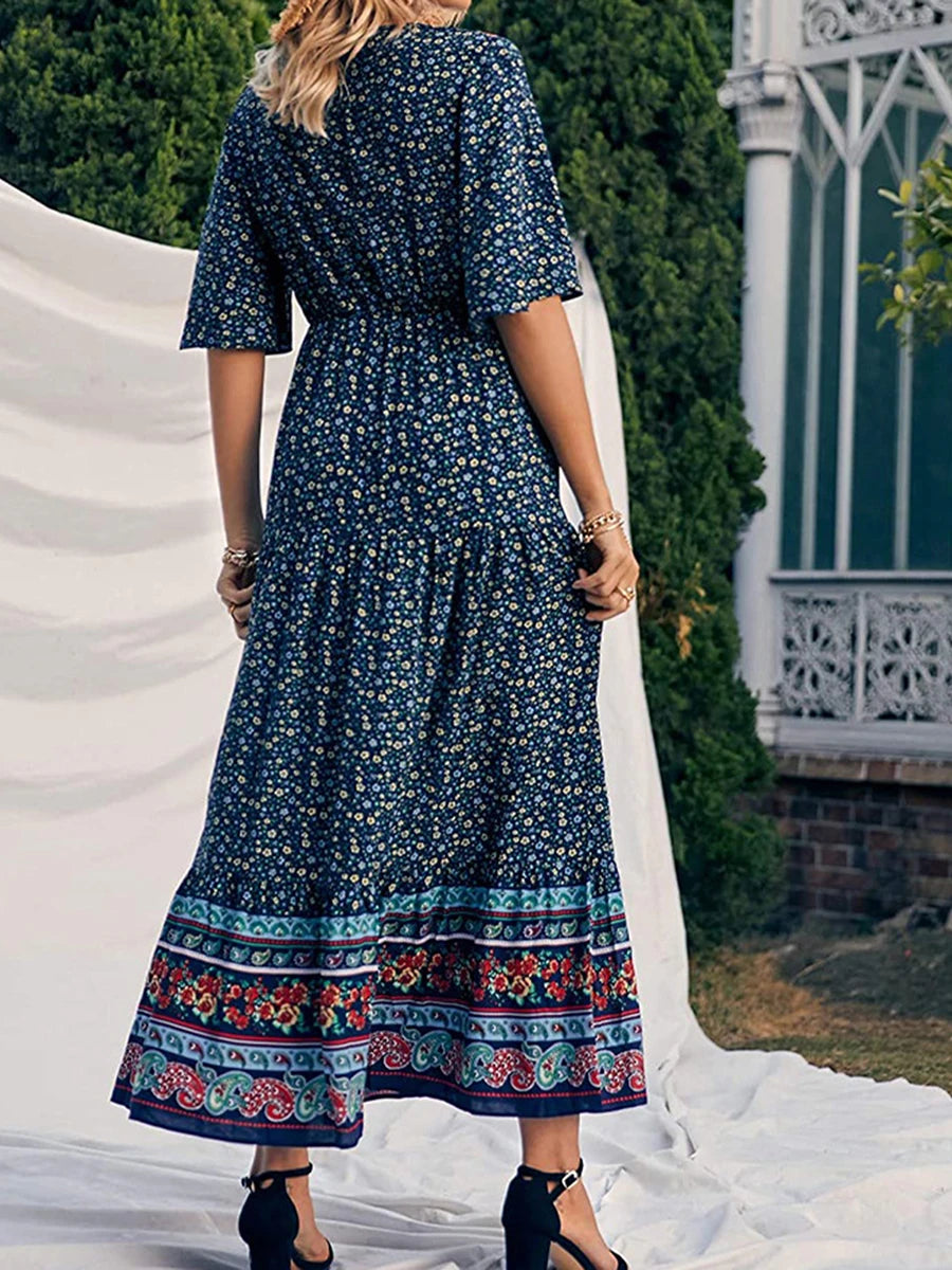 Women Boho Retro Print Long Dress Short Sleeve V-Neck High Waist Dresses Summer Beach Holiday Sundress Ethnic Style Vestido