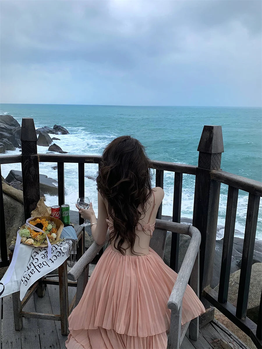 Summer New Fashion Women Sexy Pleated  Boho Long Dress Vacation Beach Strap A line Ladies Robe 2023 Sundress