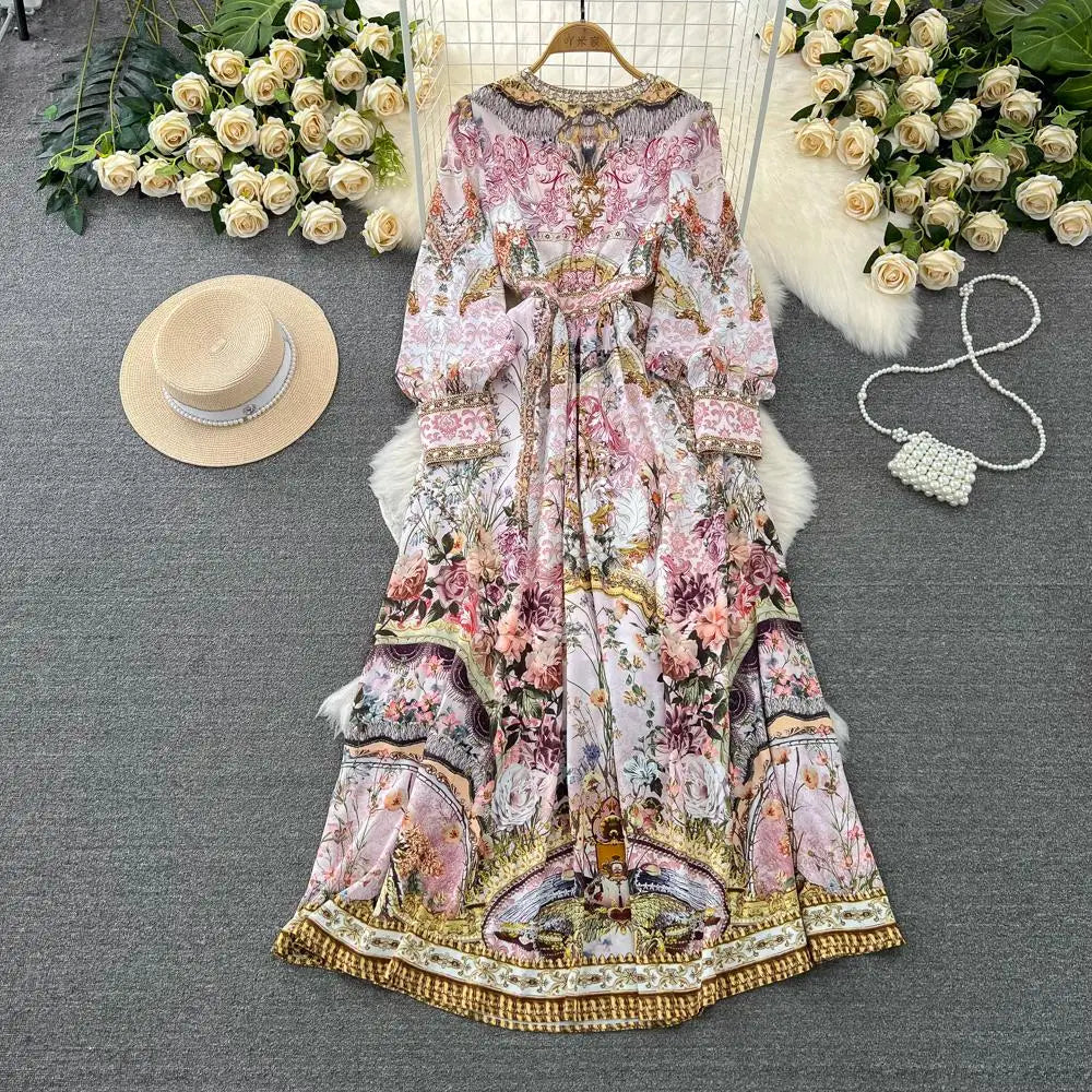 Spring Fashion Runway Gorgeous Flower Chiffon Maxi Dress Women Deep V Neck Long Sleeve Floral Print Boho Robe Vestidos 6549