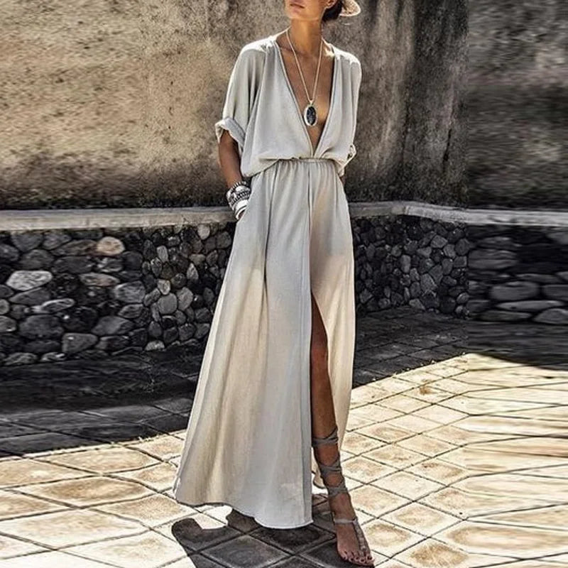 Fashion Short Sleeve Loose Casual Long Dress Sexy Deep V Neck High Slit Party Dress Lady Elegant Solid Boho Beach Women Sundress