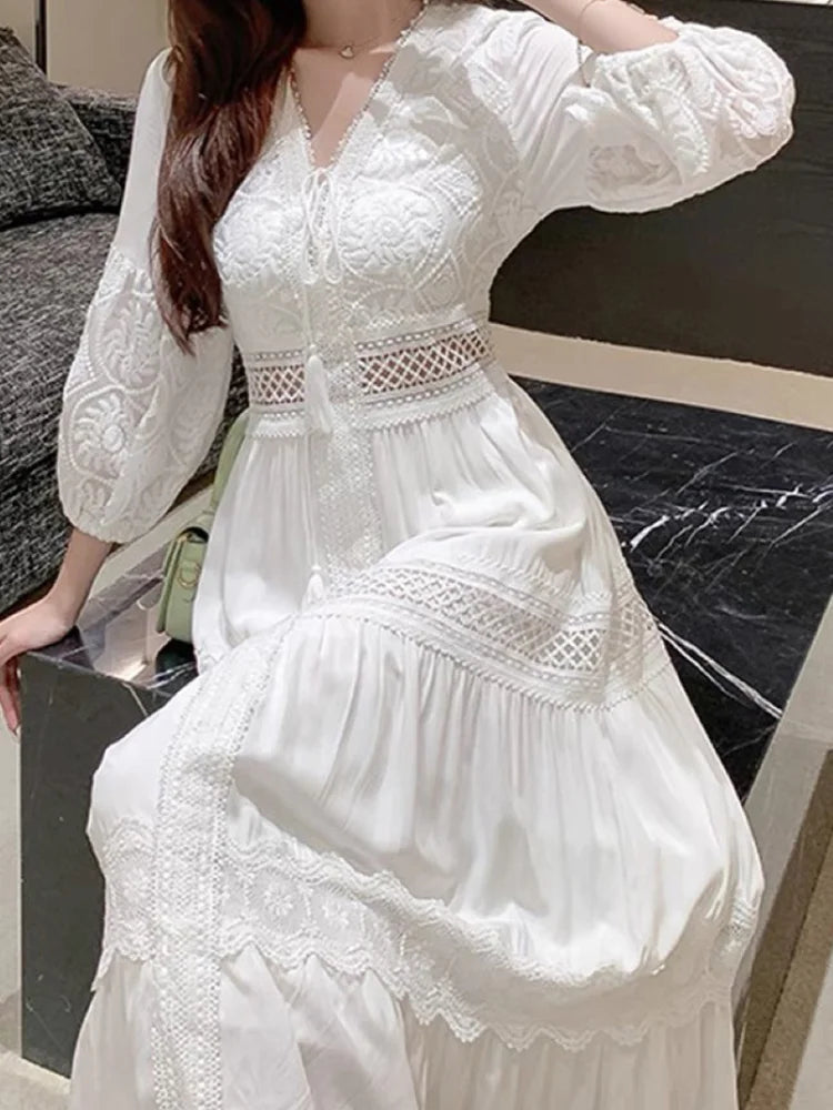 White Long Dress Women Summer Boho Lace Dresses Female Beach Holiday Hollow Out Dress Ladies Elegant Vintage Loose Vestidos