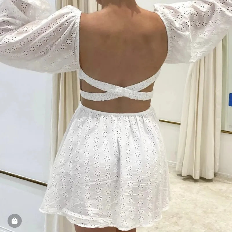 2023 Sexy Lantern Sleeve Hollow Out Embroidery White Cross Elastic Rope Backless Mini Dress BOHO Slit Back Woman Holiday Robe