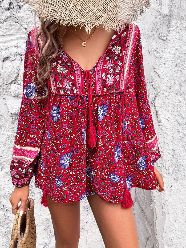 Bohemian Women Shirt Loose Blouse Long Sleeve Tees Vintage Tops Fashion Figure Streetwear Beach Vacation Female Clothing