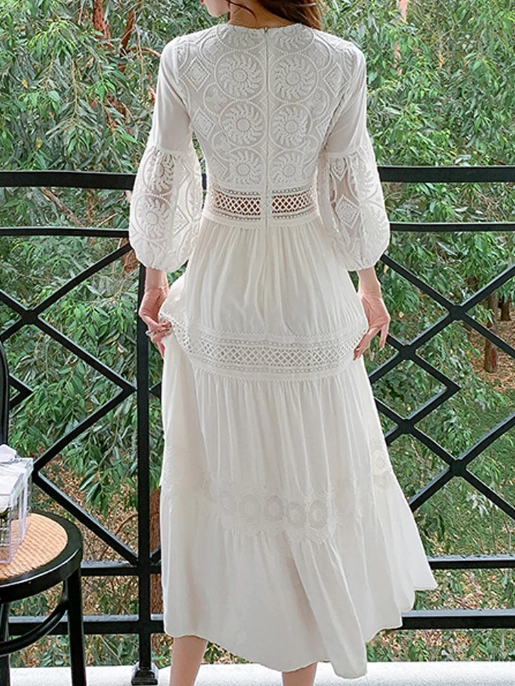 White Long Dress Women Summer Boho Lace Dresses Female Beach Holiday Hollow Out Dress Ladies Elegant Vintage Loose Vestidos