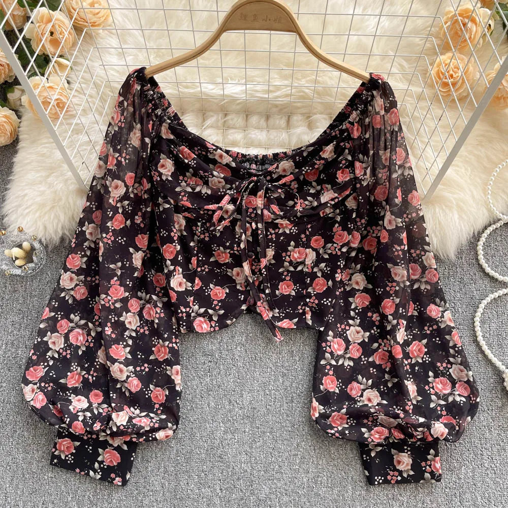 Bohemian Floral Blouses Women Gentle Sweet French Elastic Ruched Slim Tops Spring Casual Vacation Elegant Print Shirts