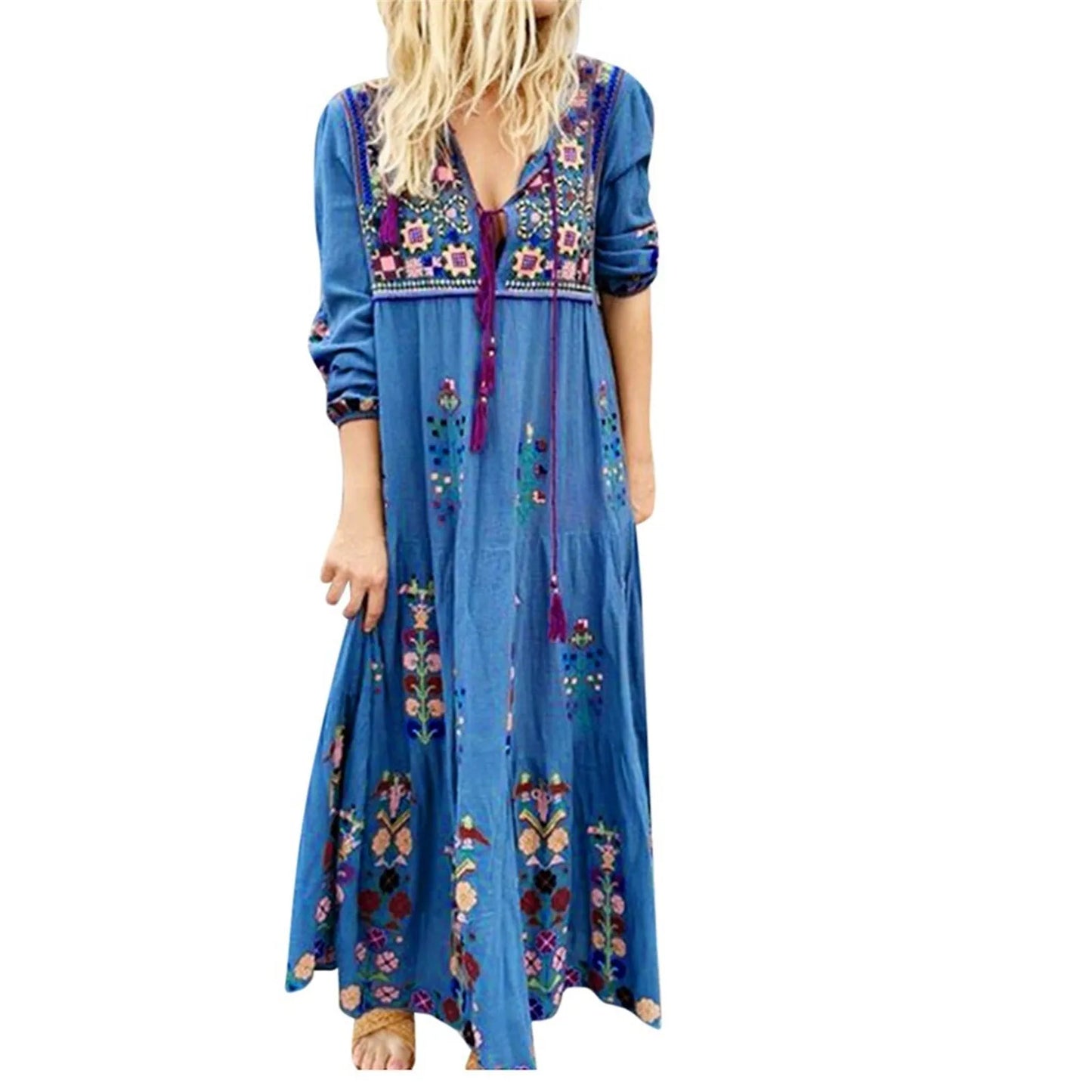 Fashion Vintage Ethnic Style Printed Long Dresses Long Sleeved Boho Beach Holiday Dress Plus Size Loose Casual Women's Dresses