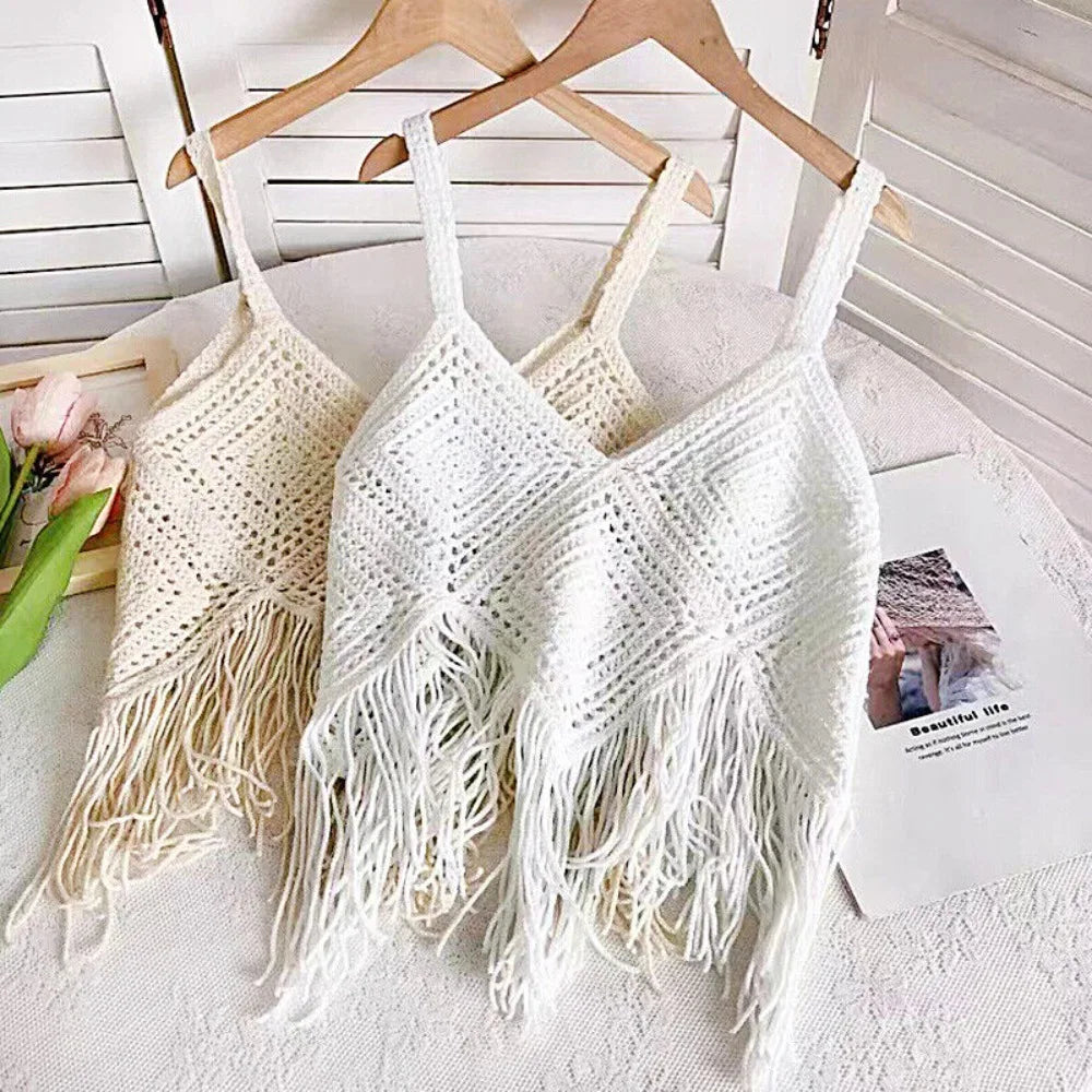 Knitted Crochet Camisole New Cotton Boho Crochet Tops Tassel Tank Summer