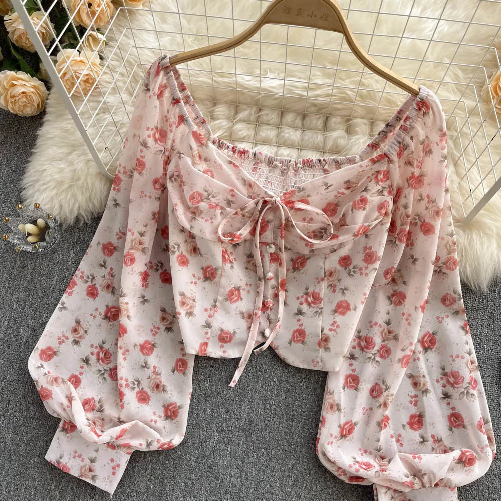 Bohemian Floral Blouses Women Gentle Sweet French Elastic Ruched Slim Tops Spring Casual Vacation Elegant Print Shirts