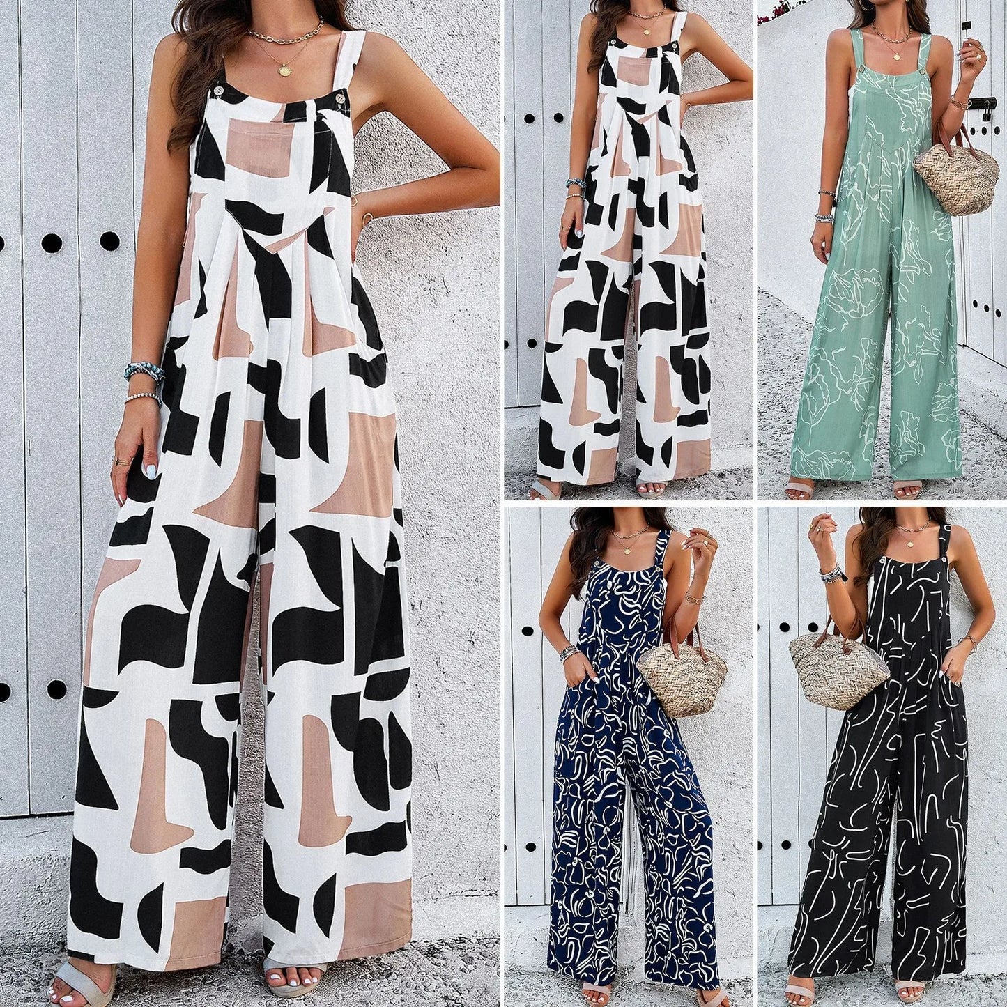 Women Summer Jumpsuit Wide Leg Spaghetti Strap Beach Casual Loose Floral Print Boho Overalls For Women