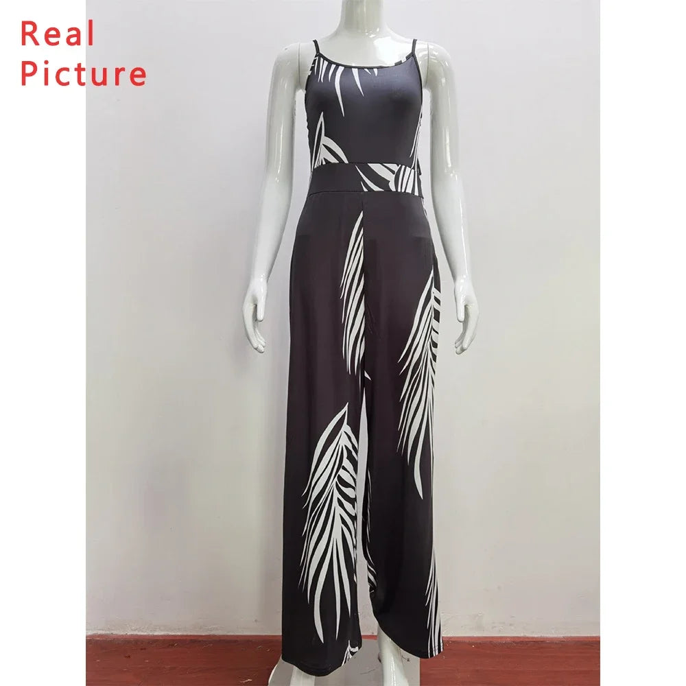 Fashion Jumpsuit Women Leaf Printed One Piece Outfit Women Straped Sleeveless Backless Long Jumpsuits Boho Indie 90s Aesthetic