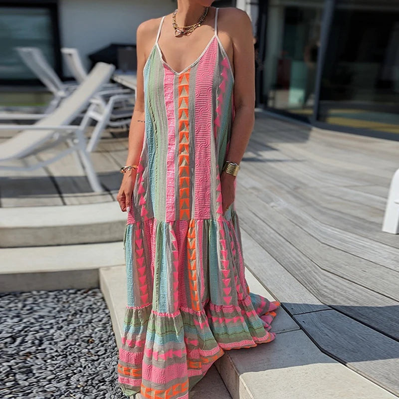 Elegant Casual Print Sleeveless Ruffle Party Dress Summer V Neck Sling Loose Dress Women Fashion Holiday Boho Beach Long Dresses