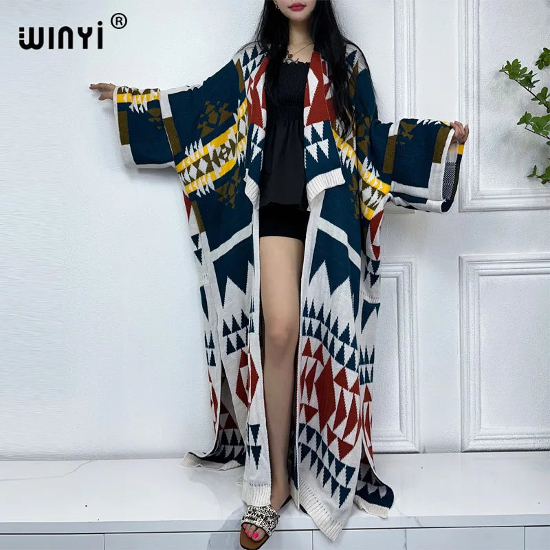 WINYI 2023 NEW woman Winter Knitted cardigan MAXI Christmas Fashion hipster party dress Thick Warm Female jacket ABAYA long coat