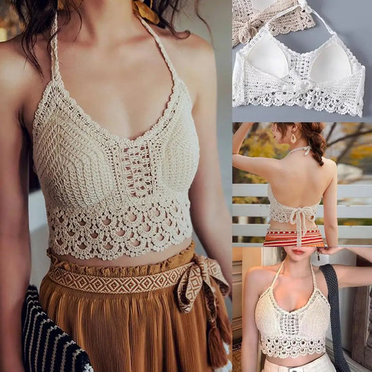 Bohemian Knit Halter Back Embroidery Camisole Women Summer Camis U-neck Top Vest Casual Knitted Sleeveless T-shirt Tan V1b2