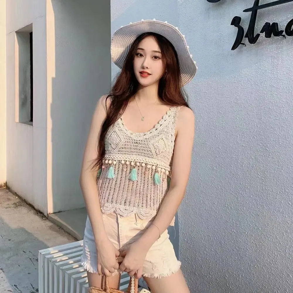 Crochet Tassel Vest Fashion Sleeveless Casual Women Vest Comfortable Solid Color Knitted Tops