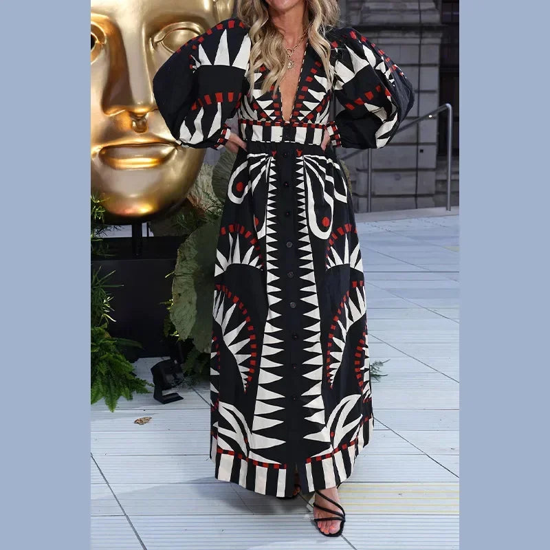 Casual Boho Print Loose Maxi Dress Women Chic V-neck Puff Half Sleeve Single-breasted Dresses Summer Lady Ethnic Style Robes