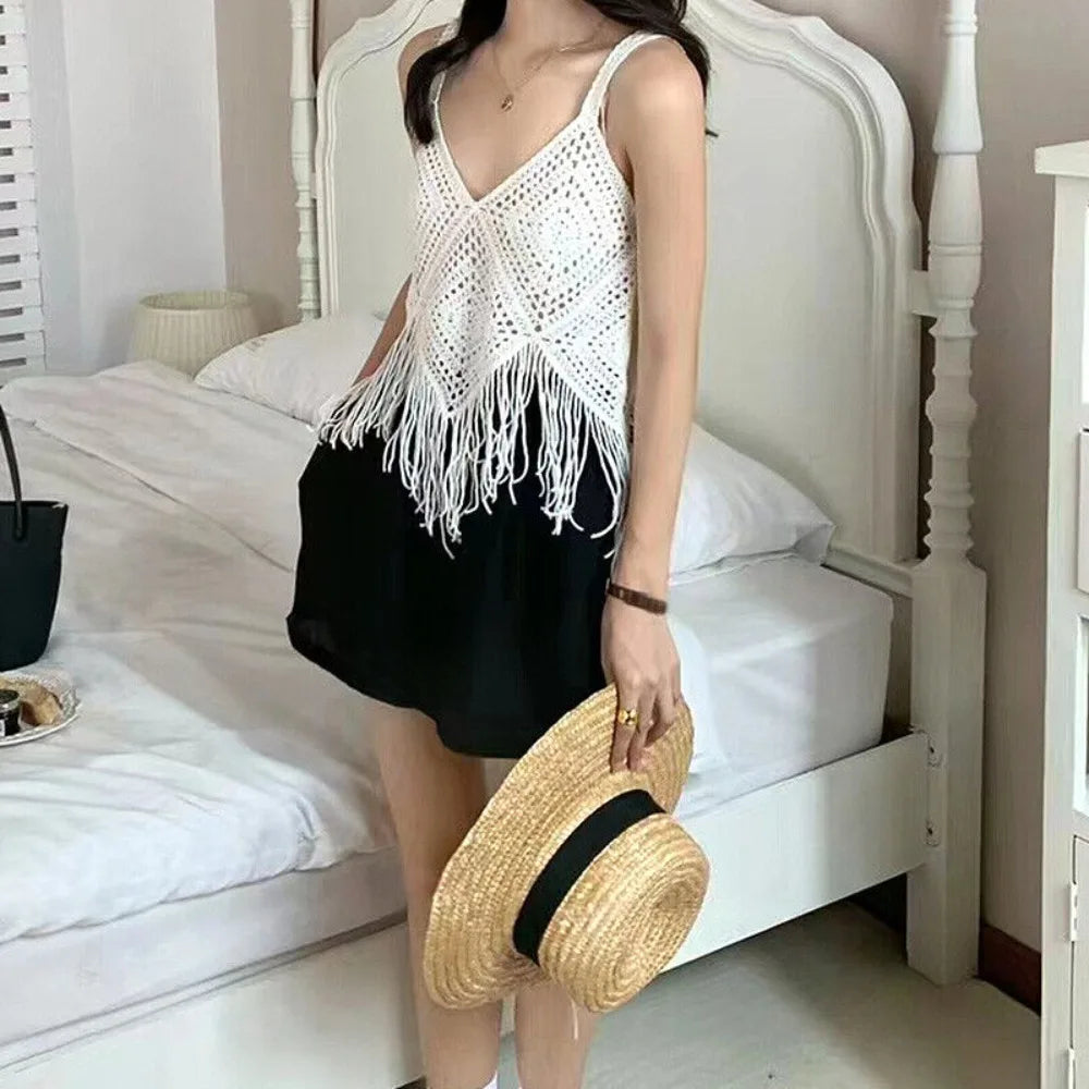 Knitted Crochet Camisole New Cotton Boho Crochet Tops Tassel Tank Summer