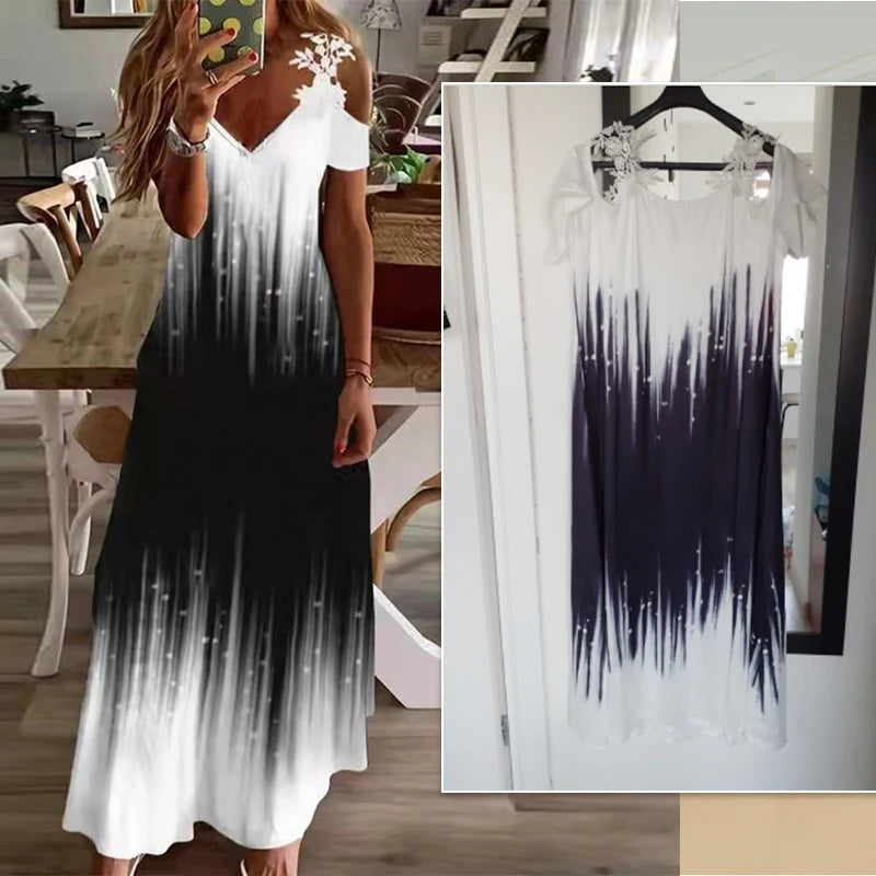 Women Summer Casual Long Dress 2022 Hollow Out Short Sleeve A-Line Lady Length Beach Boho Party Elegant Dresses