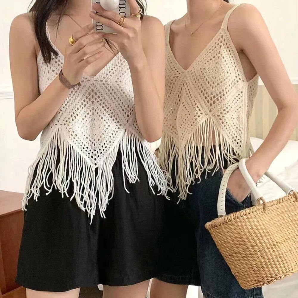 Knitted Crochet Camisole New Cotton Boho Crochet Tops Tassel Tank Summer