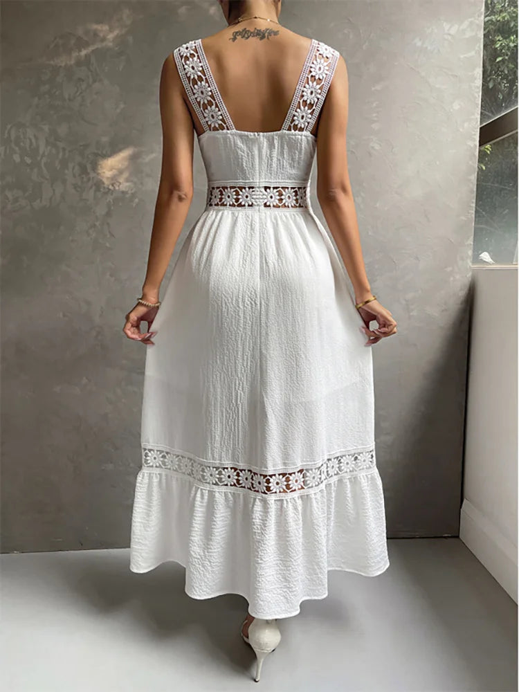 Summer Dress for Women Boho White Dress Female Sexy Hollow Out Sleeveless Midi Dress Lady Off Shoulder Elegant Beach Long Dress