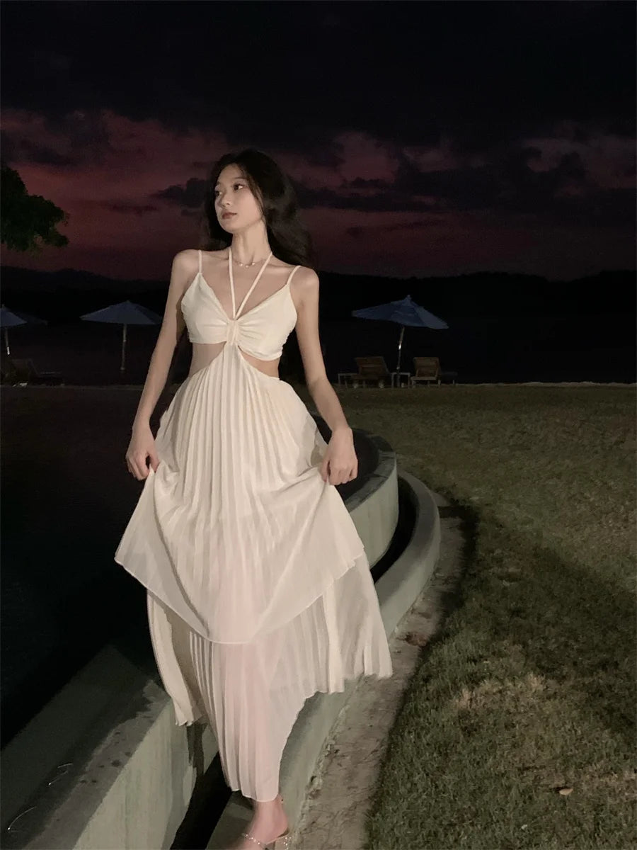 Summer New Fashion Women Sexy Pleated  Boho Long Dress Vacation Beach Strap A line Ladies Robe 2023 Sundress