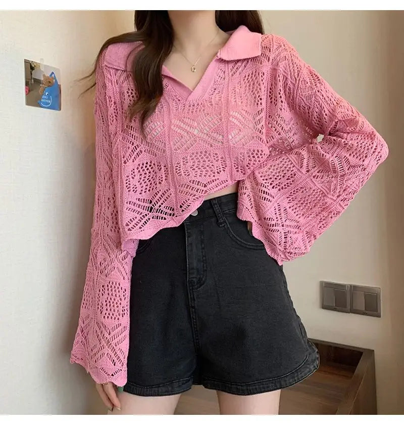 Summer Vintage Hollow Chic Bohemian Sweater Pullovers Cute Solid Turn-down Collar Long Sleeve Knitwears Korean Style Top Women