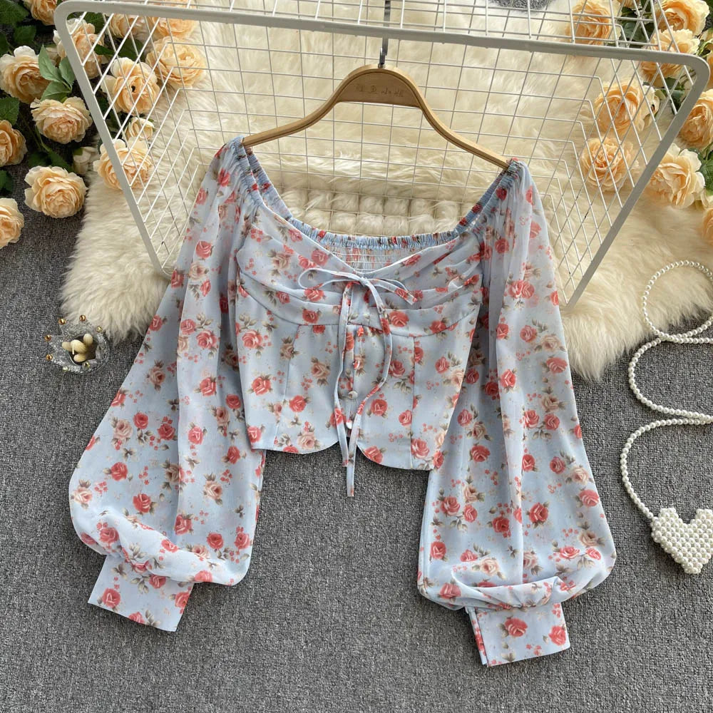 Bohemian Floral Blouses Women Gentle Sweet French Elastic Ruched Slim Tops Spring Casual Vacation Elegant Print Shirts