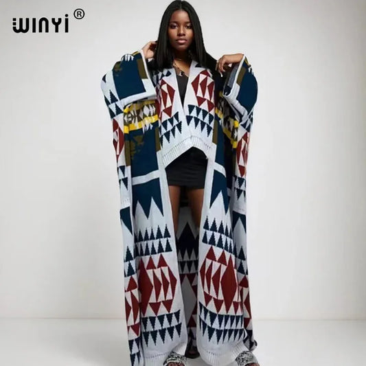 WINYI 2023 NEW woman Winter Knitted cardigan MAXI Christmas Fashion hipster party dress Thick Warm Female jacket ABAYA long coat