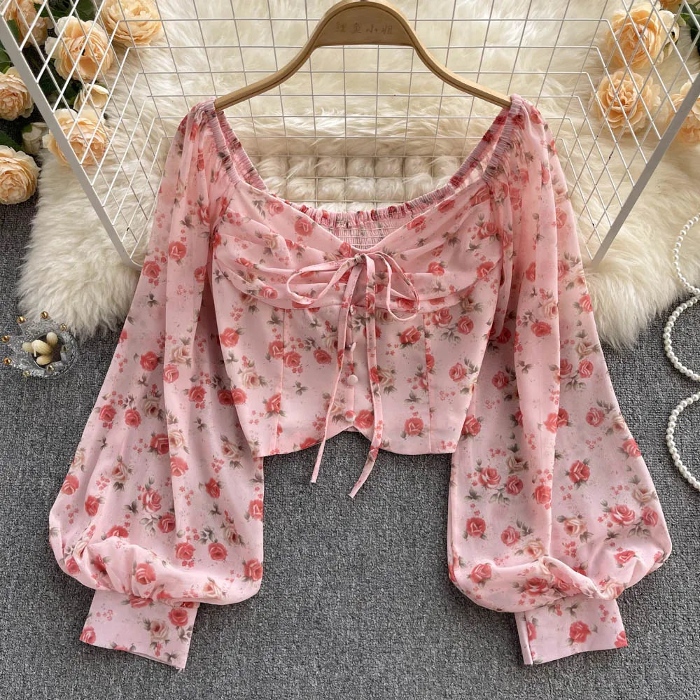 Bohemian Floral Blouses Women Gentle Sweet French Elastic Ruched Slim Tops Spring Casual Vacation Elegant Print Shirts