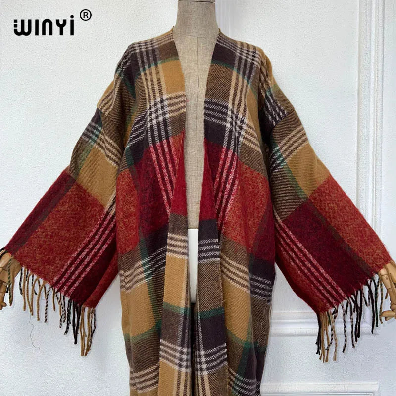 WINYI new winter coat Africa women Retro plaid printed tassel cardigan  long down coat Middle East kimono jacket fashion abaya