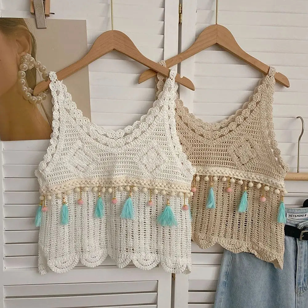 Crochet Tassel Vest Fashion Sleeveless Casual Women Vest Comfortable Solid Color Knitted Tops