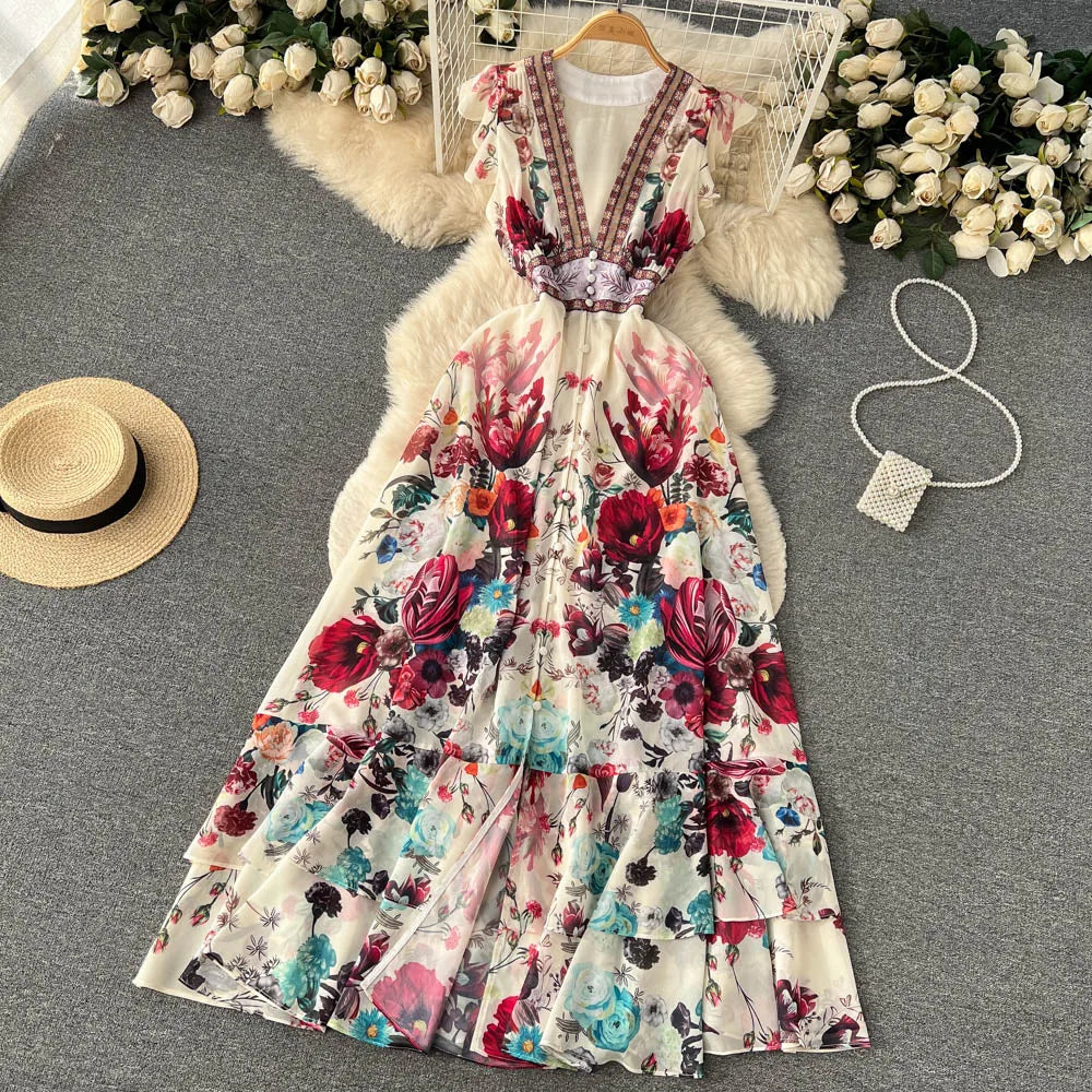 2023 Fashion Runway Gorgeous Flower Chiffon Cascading Ruffles Dress Women Deep V Neck Sleeveless Floral Print Boho Robe Vestidos