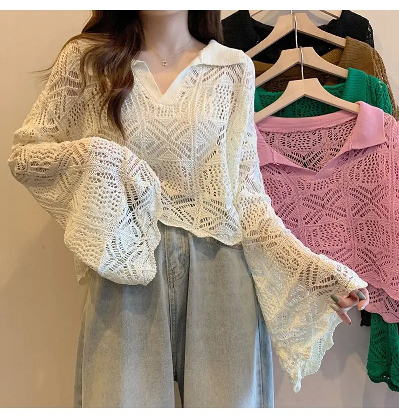 Summer Vintage Hollow Chic Bohemian Sweater Pullovers Cute Solid Turn-down Collar Long Sleeve Knitwears Korean Style Top Women