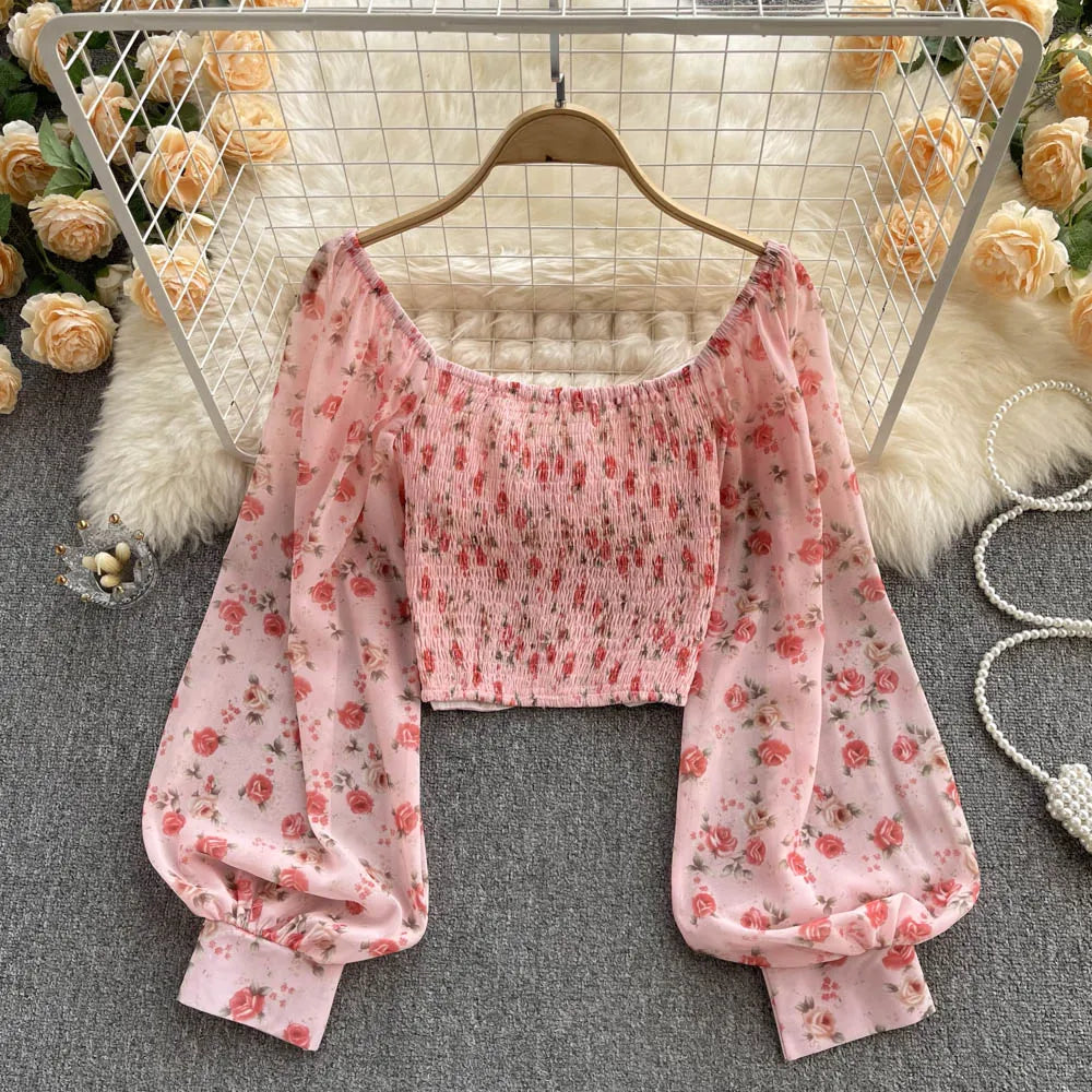 Bohemian Floral Blouses Women Gentle Sweet French Elastic Ruched Slim Tops Spring Casual Vacation Elegant Print Shirts