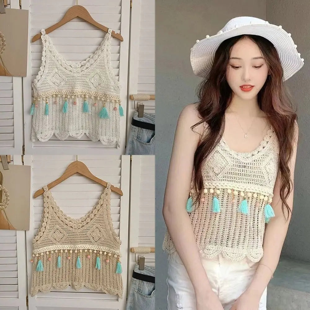 Crochet Tassel Vest Fashion Sleeveless Casual Women Vest Comfortable Solid Color Knitted Tops