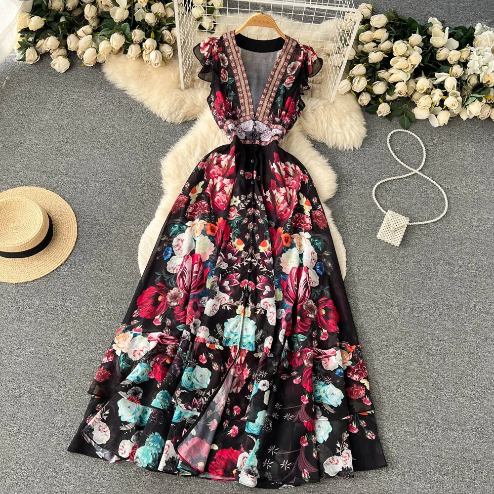 2023 Fashion Runway Gorgeous Flower Chiffon Cascading Ruffles Dress Women Deep V Neck Sleeveless Floral Print Boho Robe Vestidos