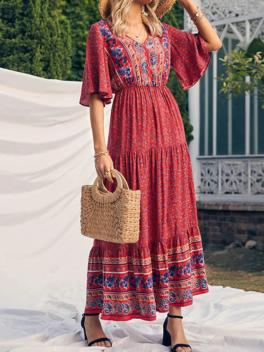 Women Boho Retro Print Long Dress Short Sleeve V-Neck High Waist Dresses Summer Beach Holiday Sundress Ethnic Style Vestido