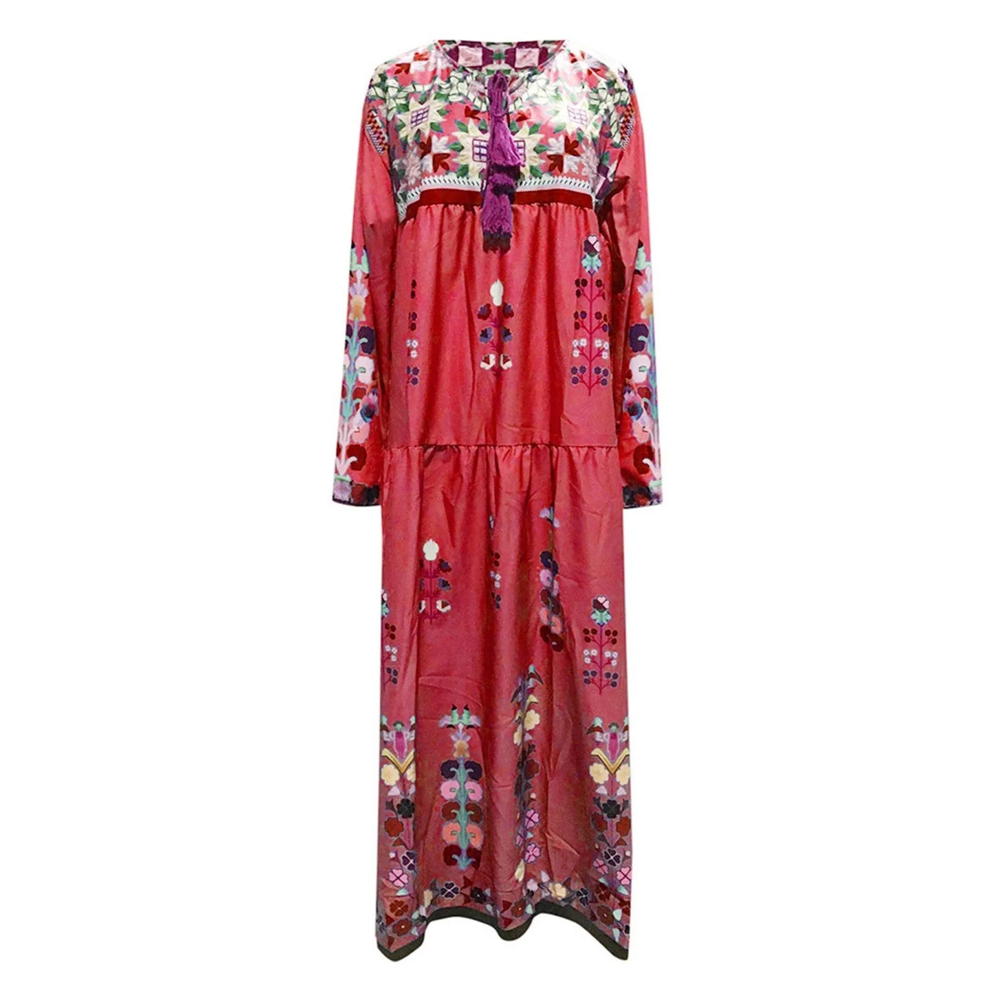 Fashion Vintage Ethnic Style Printed Long Dresses Long Sleeved Boho Beach Holiday Dress Plus Size Loose Casual Women's Dresses