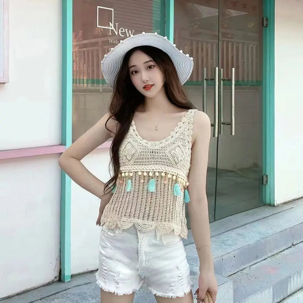 Crochet Tassel Vest Fashion Sleeveless Casual Women Vest Comfortable Solid Color Knitted Tops