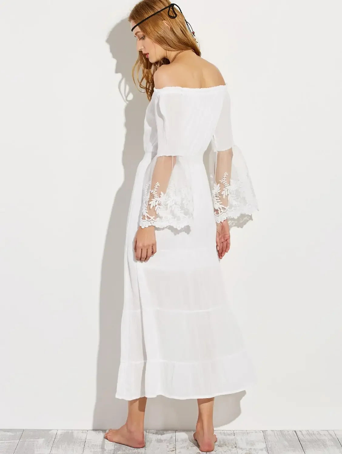 TEELYNN boho dress white sexy off the shoulder beach sundress Flare long sleeve splice lace women dresses summer vestidos