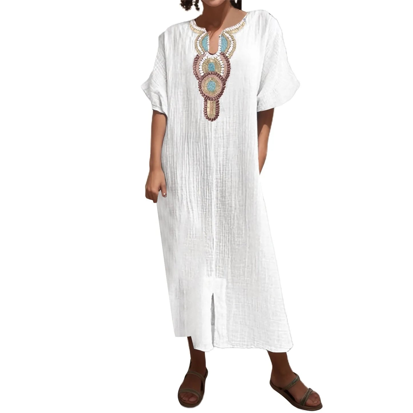 Boho Vintage Embroidered Cotton Linen Long Dress Women V Neck Split Maxi Party Dress 2023 Summer Short Sleeve Loose Beach Dress